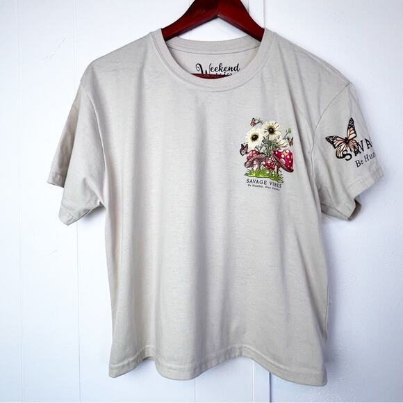 Weekend Warriors Tan Savage Vibes Mushroom Botanical Crop Tee Shirt Women Size L - Picture 2 of 13